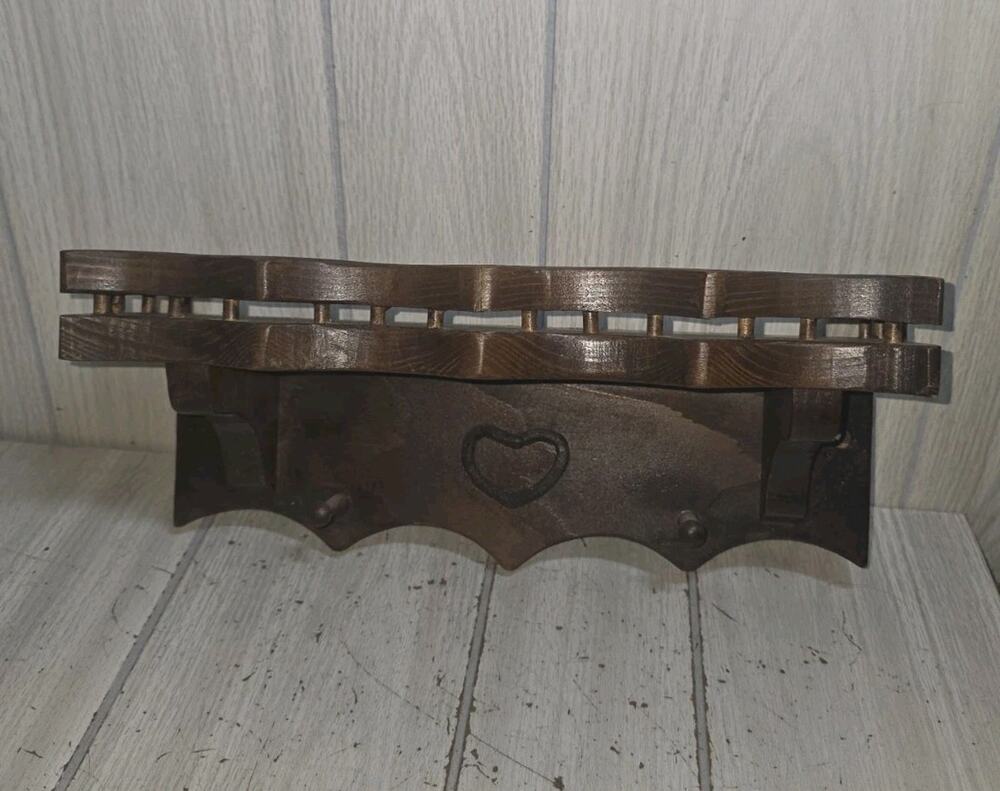 Vtg Wall Shelf Dark Solid Wood Spindle Rail Embossed Heart & Pegs Cottagecore